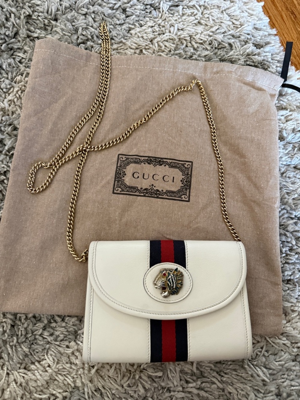 Gucci Cream Leather Mini Crossbody with Red & Navy Web Stripe